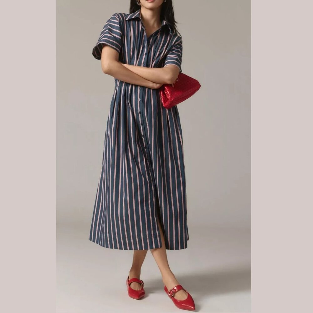 Anthropologie The Tobie Button-Front Pleated Shirt Dress by Exquise Navy Blue S